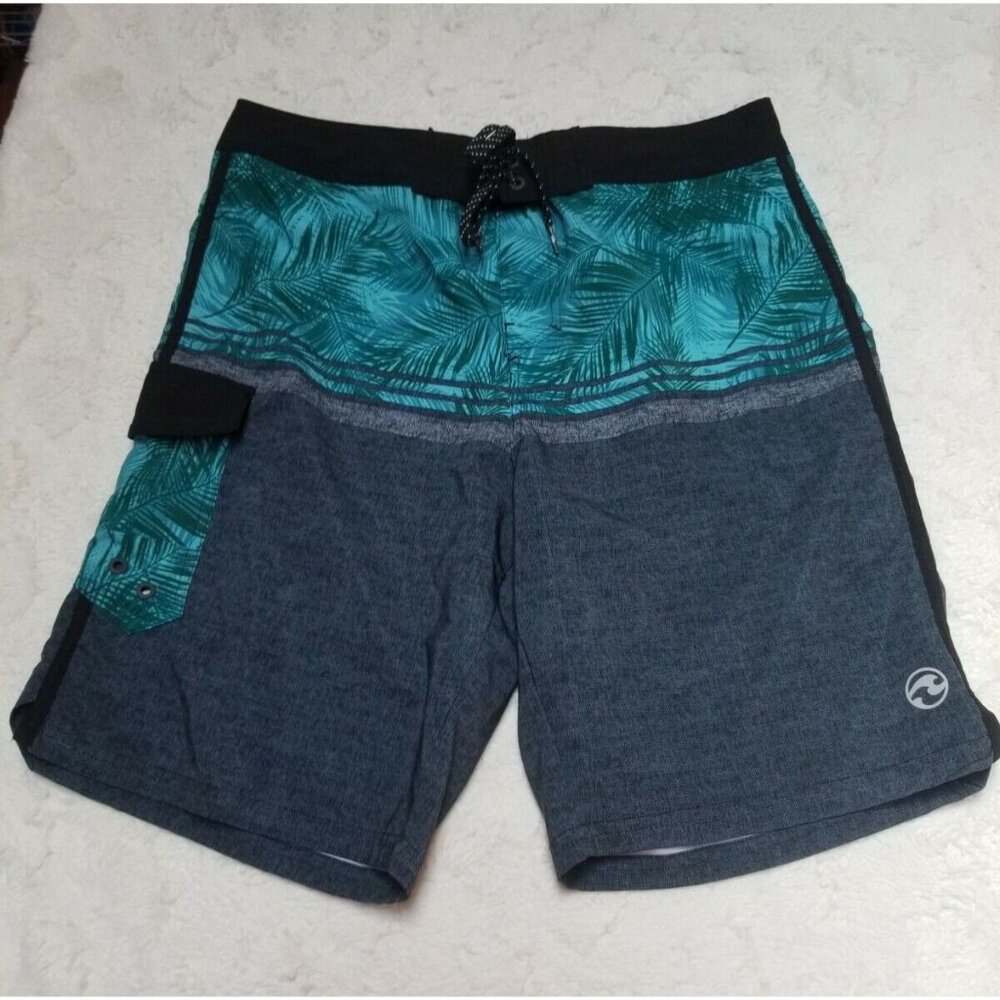 Ocean Current Mens Swim Board Shorts Size 32 Drawstring Waist Green Leaf Gray